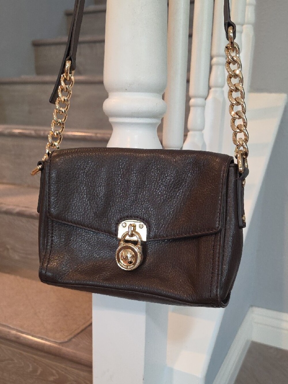 Michael Kors Brown Leather Crossbody with Gold Chain Accent